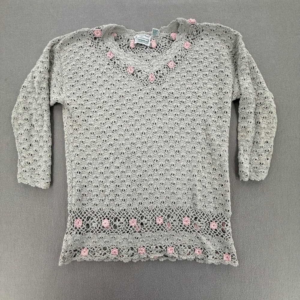Vintage Shenanigans Hand Knit Crochet Sweater L Pink Roses Cottagecore Romantix